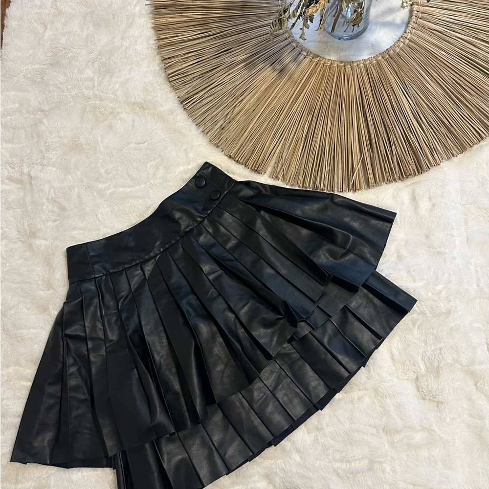 Black Pleated Leather Skirt